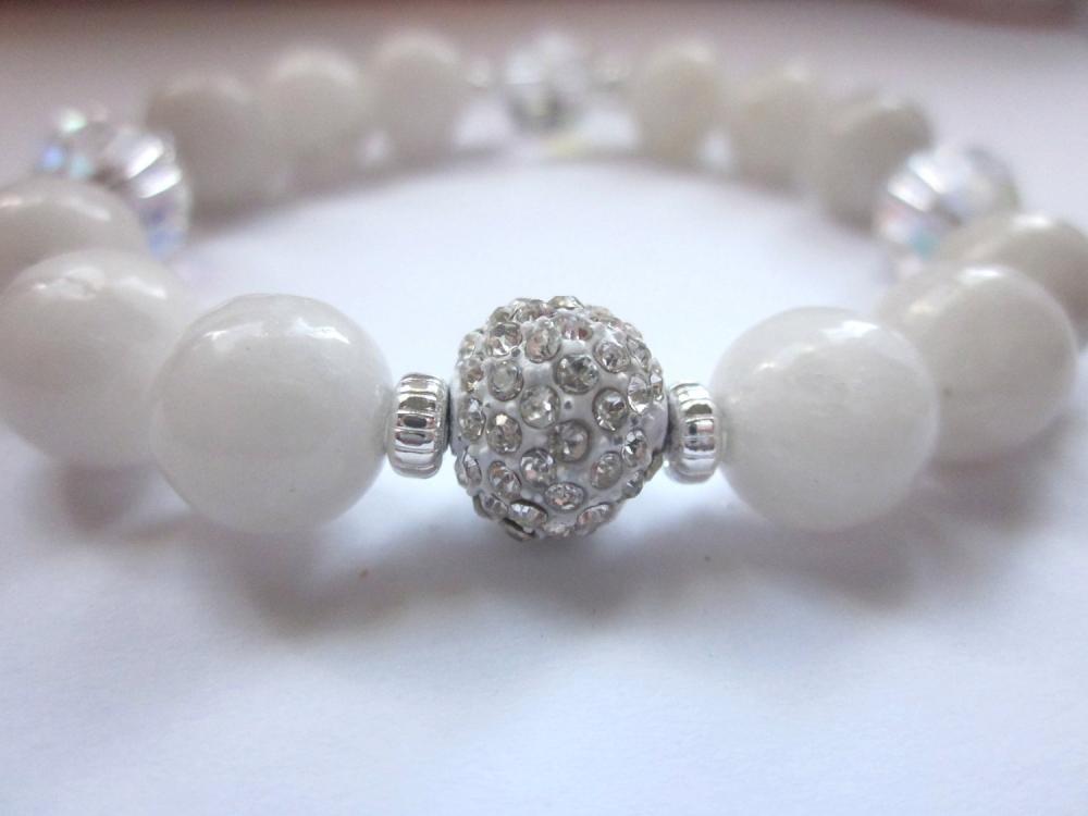 Snow Quartz And Grey Quartz Natural Gemstone Crystal Pave Disco Ball Bracelet, Sparkle, Gemstone Jewelry, Summer Bracelet, Summer Jewelry