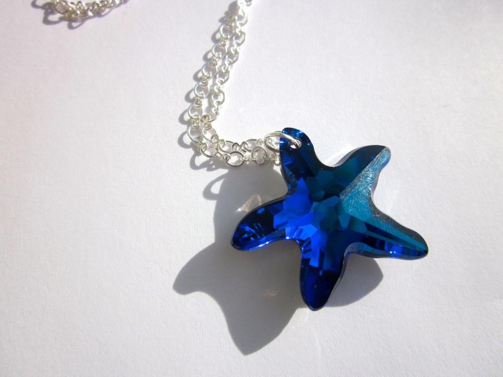 Swarovski Crystal Necklace 28mm "bermuda Blue" Starfish-summer Jewelry, Sparkle, Peacock Jewelry