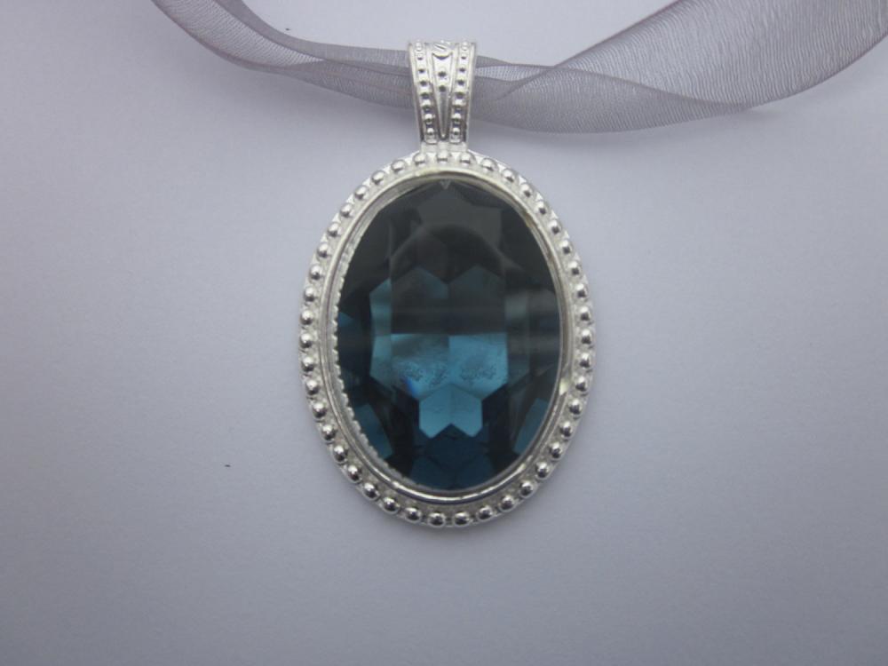 Vintage Style 40mm Swarovski Crystal Necklace- Montana Blue Pendant On Silver Ribbon