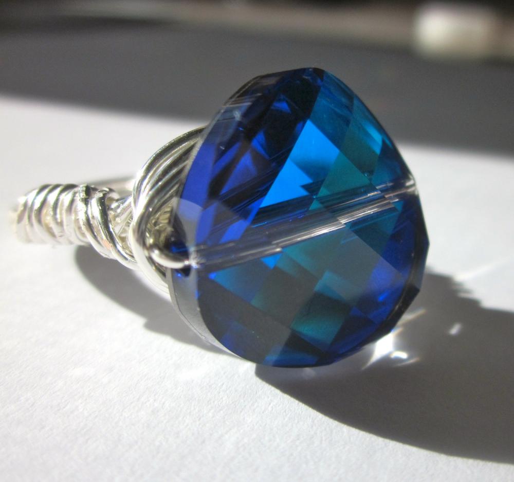 Sparkling Swarovski Crystal Ring-18mm Bermuda Blue Wire Wrapped Cocktail Ring, Summer Rings, Peacock