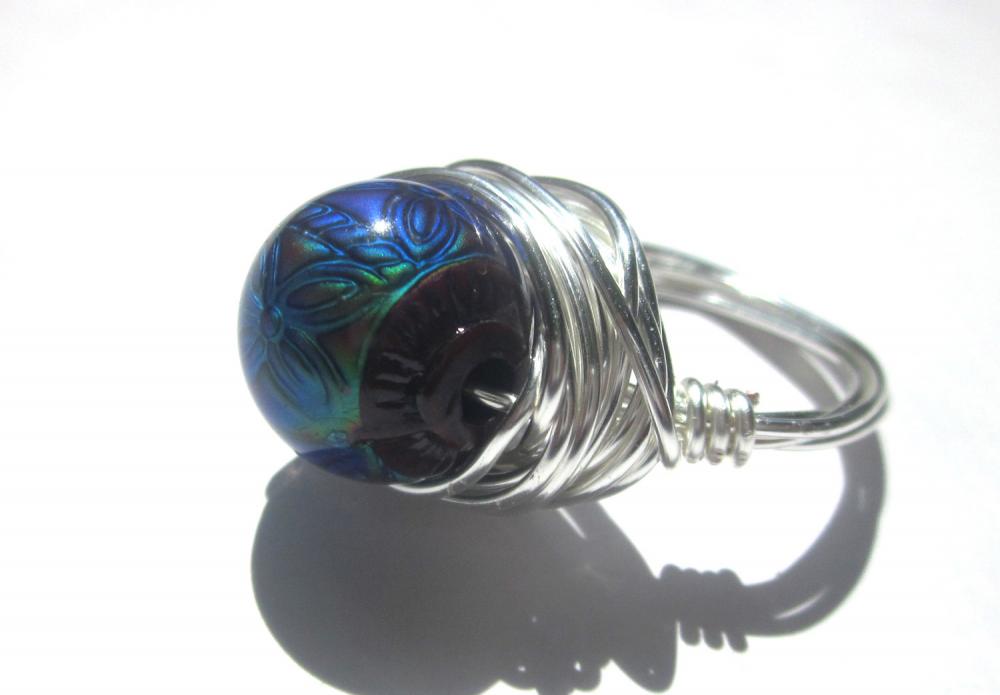 Mood Ring, Wire Wrapped Designer Inspired, Flower, Shangri-la, Mood Beads, Summer Rings, Mood Jewelry