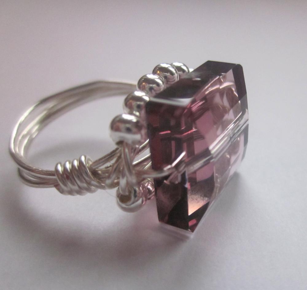 Swarovski Crystal Ring- " Amethyst Princess Cut" Wire Wrap Ring, Summer Rings,sparkle